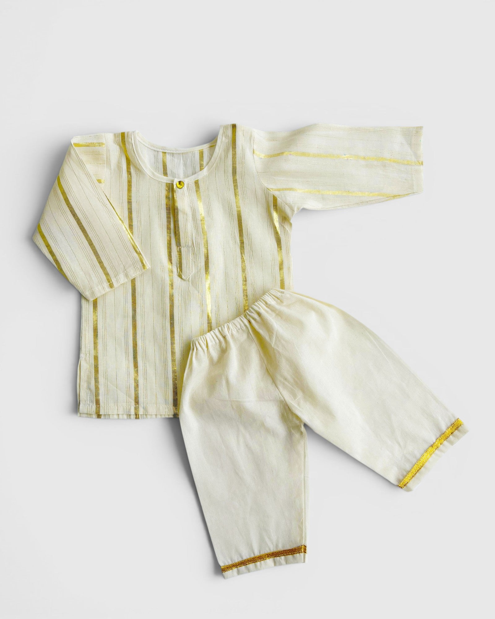 Traditional Cotton Kasavu Kurta & Pant Set | Soft Kerala Ethnic Outfit for Naming Ceremony, Onam & Festive Wear