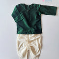 Dark Green Traditional Baby Boy Kurta with Cream Dhoti Pants Set