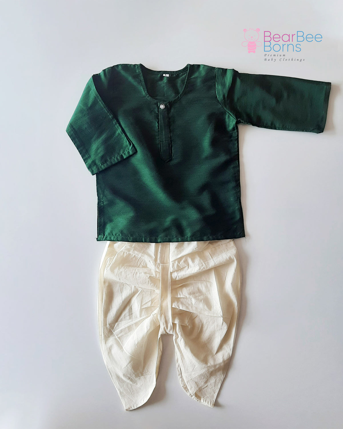 Dark Green Traditional Baby Boy Kurta with Cream Dhoti Pants Set