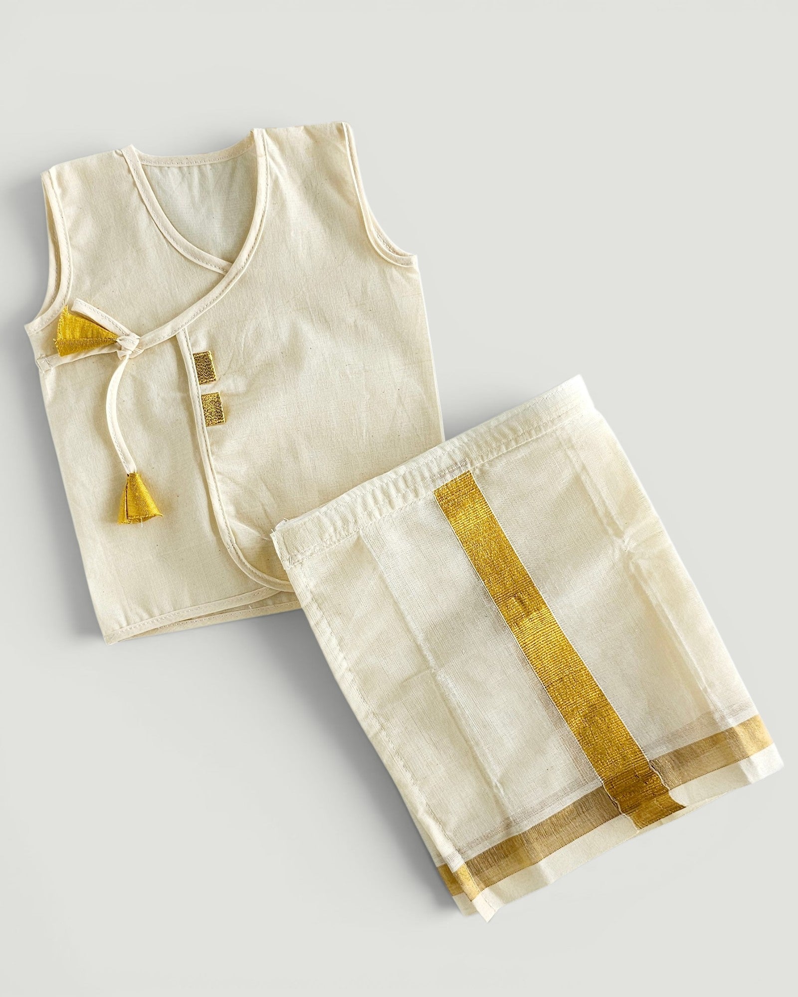 Newborn Traditional Cotton Kasavu Set | Soft Kasavu Style Dhoti & Vest Outfit for Baby Boys | Naming Ceremony, Temple Wear & Festive Attire