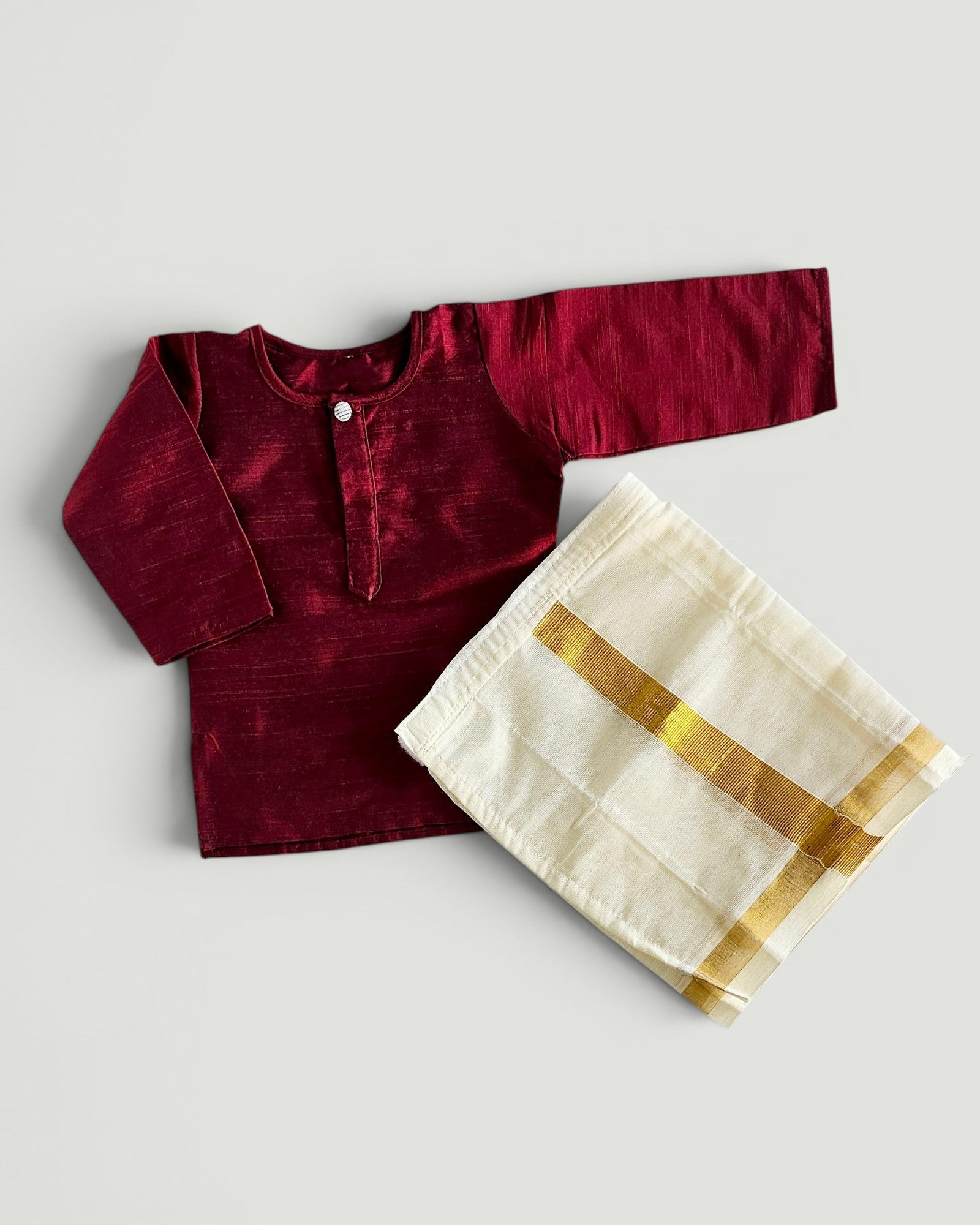 Baby Boy Maroon  Kurta & Kasavu Mundu Set | Traditional Ethnic Outfit for Naming Ceremony & Festive Wear