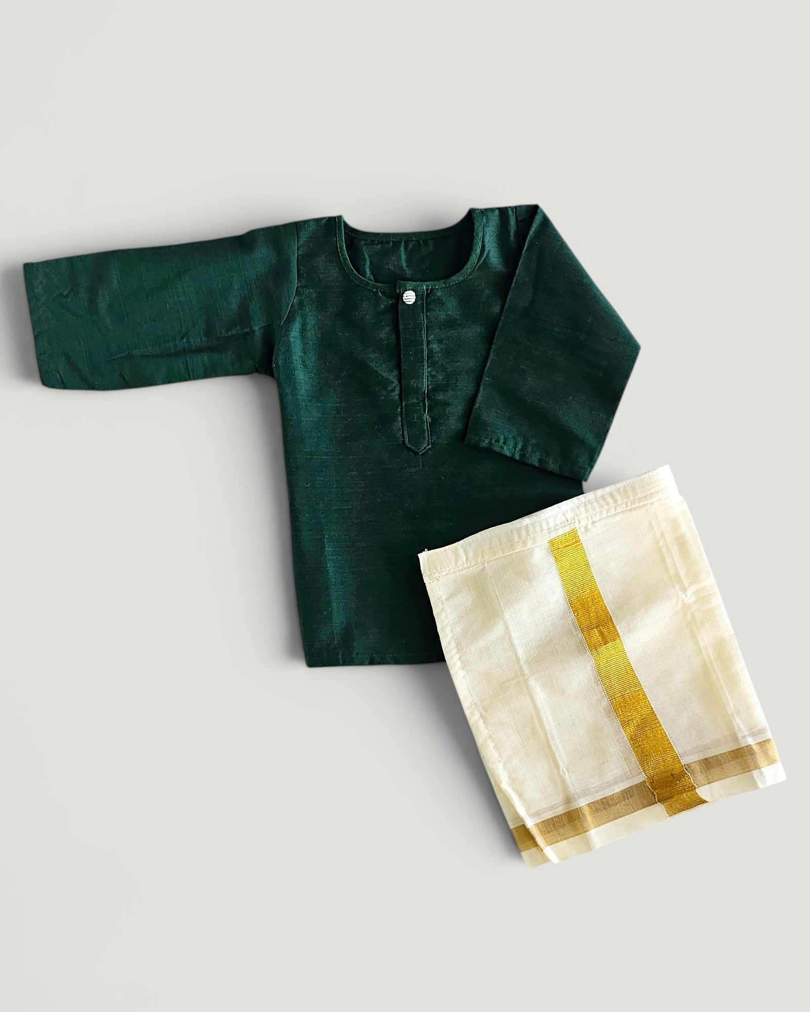 Baby Boy Bottle Green  Kurta & Kasavu Mundu Set | Traditional Ethnic Outfit for Naming Ceremony & Festive Wear