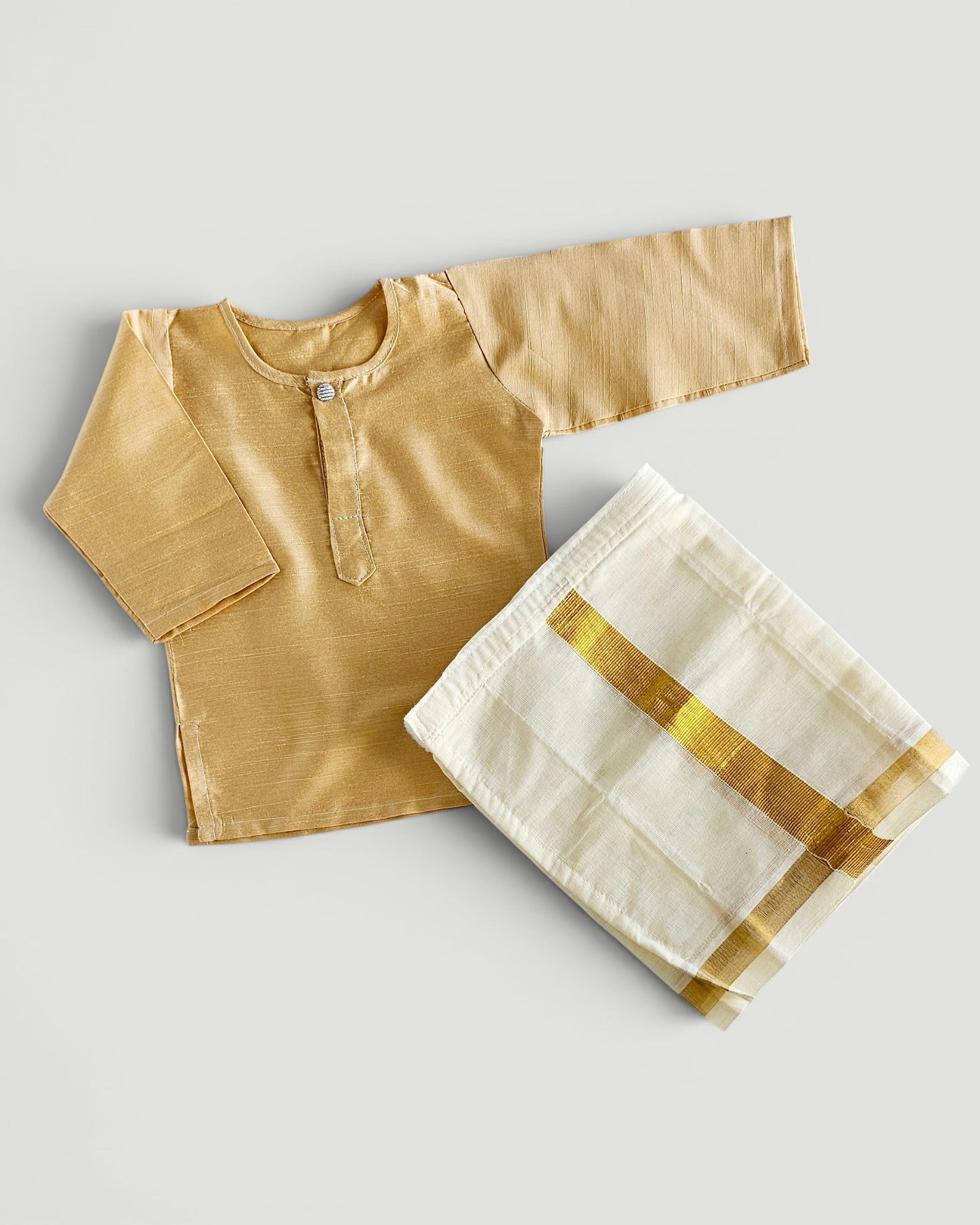 Newborn Sandal Cotton Kurta & Traditional Kasavu Dhoti Set | Baby Boy Ethnic Wear for Naming Ceremony, Onam, Vishu & Festive Occasions