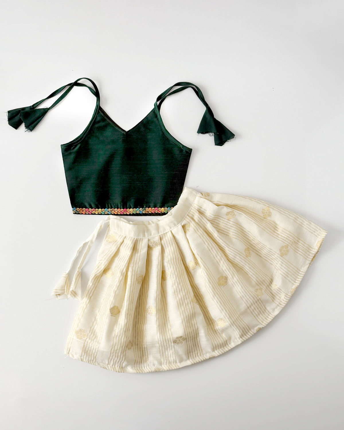 Baby Girls Green & Golden Kasavu Skirt and Top Set | Traditional Ethnic Wear