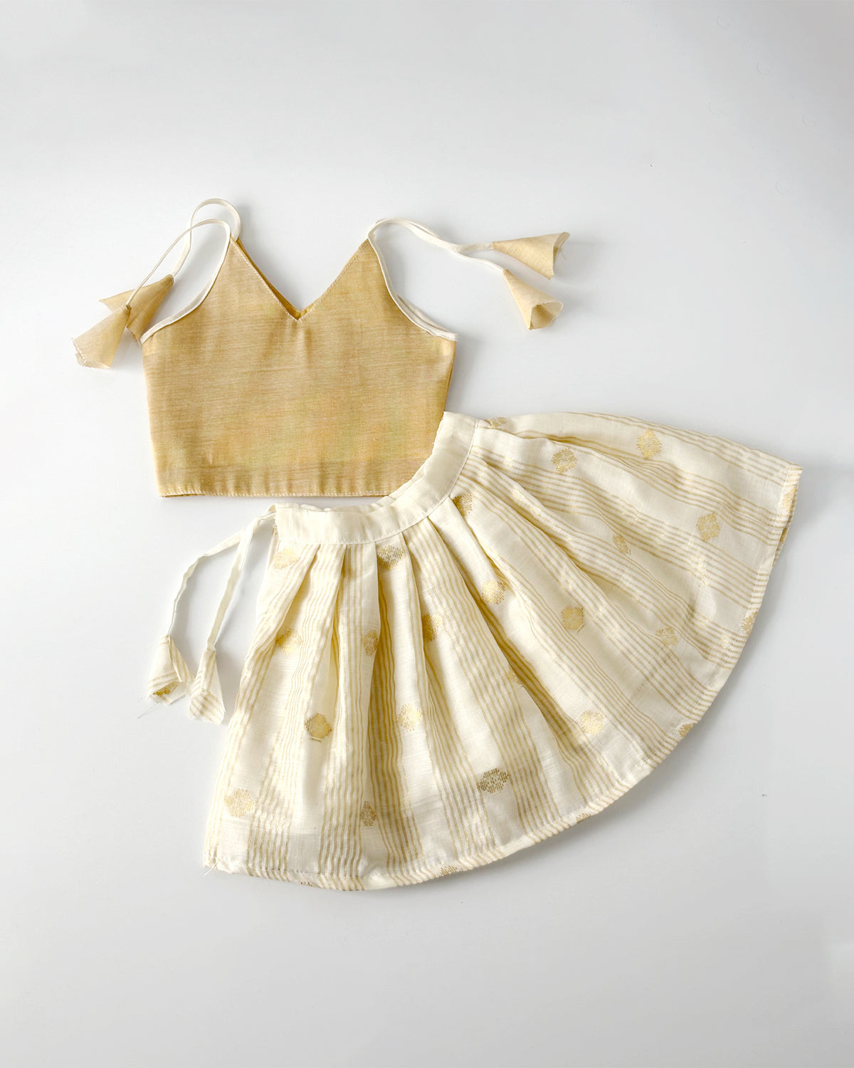 Light Gold Kasavu Skirt & Top Set for Newborn Baby Girls | Traditional Festive Wear