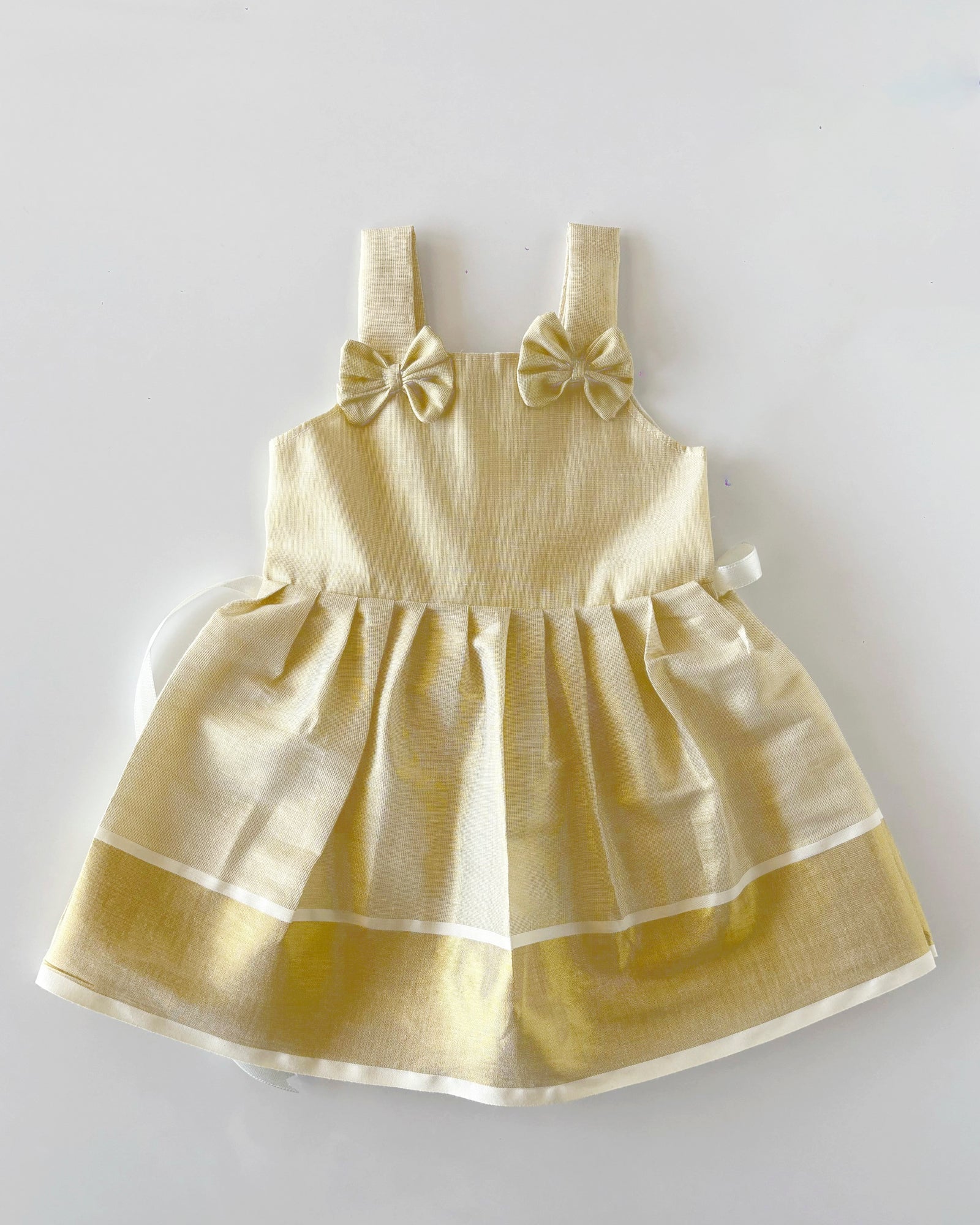 Newborn Golden Tissue Double Bow Traditional Frock | Baby Girl Naming Ceremony & Festive Dress