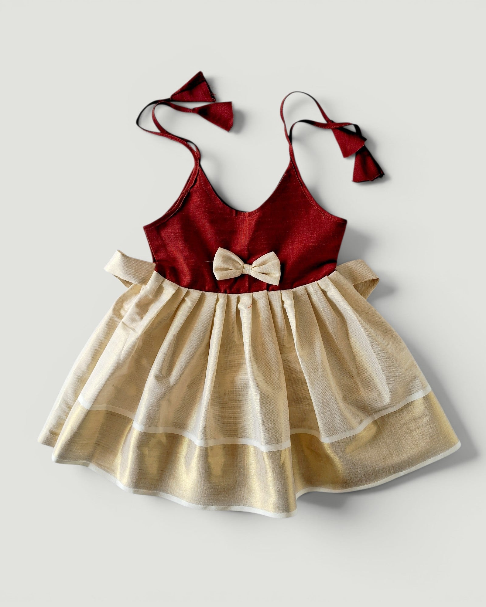 Maroon & Gold Traditional Tissue Frock for Newborn Baby Girls | Naming Ceremony, Onam & Festive Wear